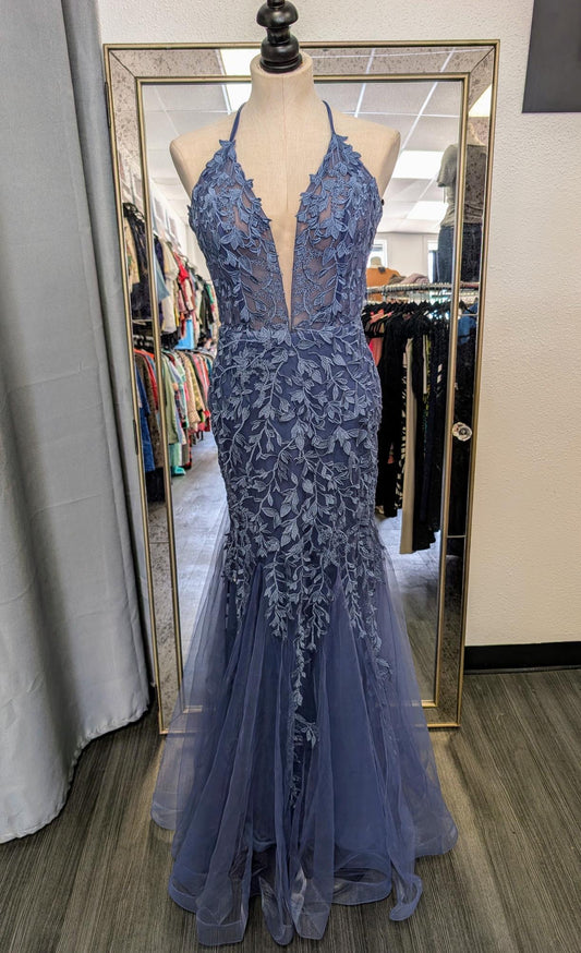 Alyce Paris Blue Halter Neck Embroidered Mermaid Gown size 4